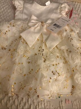 Rare Editions Ivory Dress with Gold Floral Foil and Bow